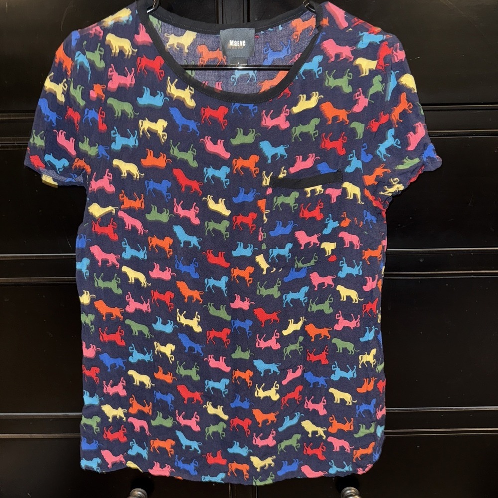 Anthropologie Maeve Rainbow Animal Print Top Sz 6 Horses Lions Tigers Rayon